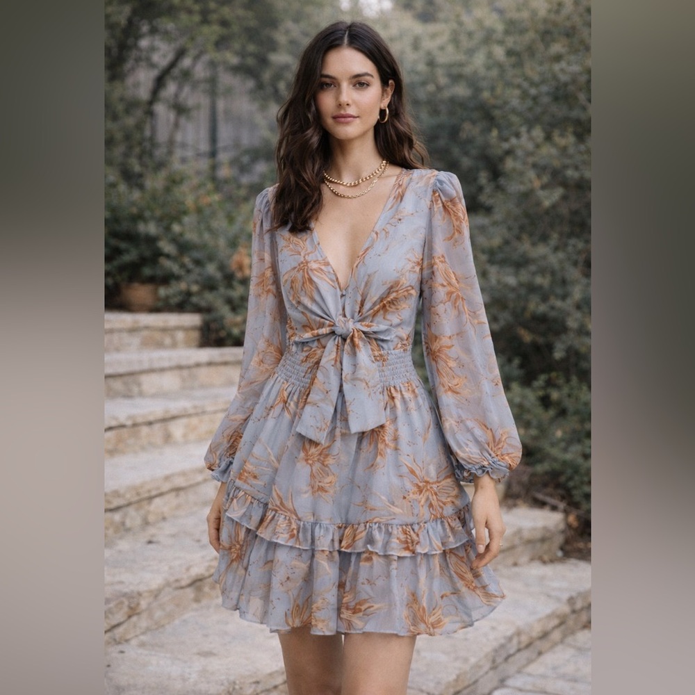 Boutique Blue Floral Ruffle Mini Dress | Size Medium | Spring/Easter Ready